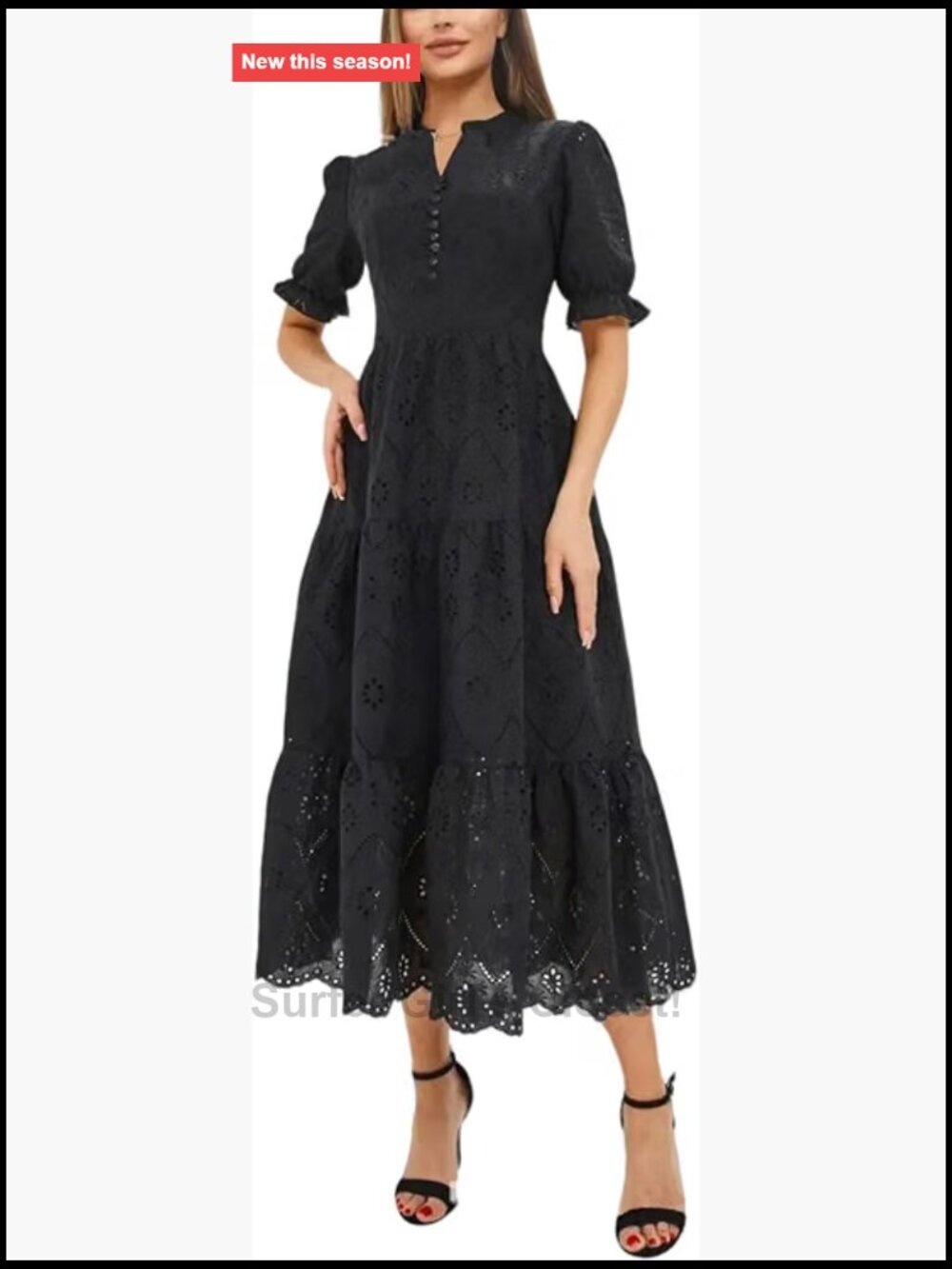 Women's Eyelet Lace Midi Dress V-Neck Puff Sleeve Tiered A-Line Cotton Dress